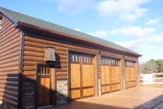 brown gutters on a garage with a log cabin look